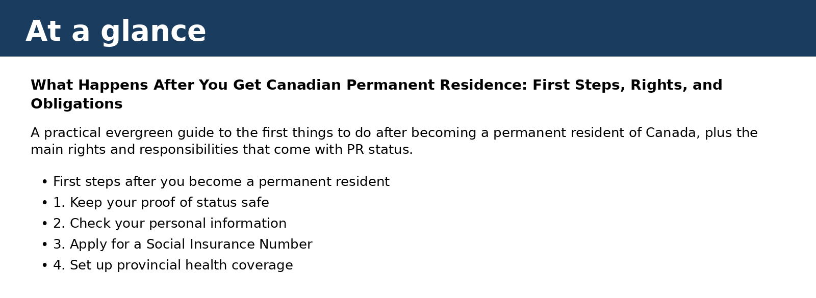 Summary card for What Happens After You Get Canadian Permanent Residence: First Steps, Rights, and Obligations