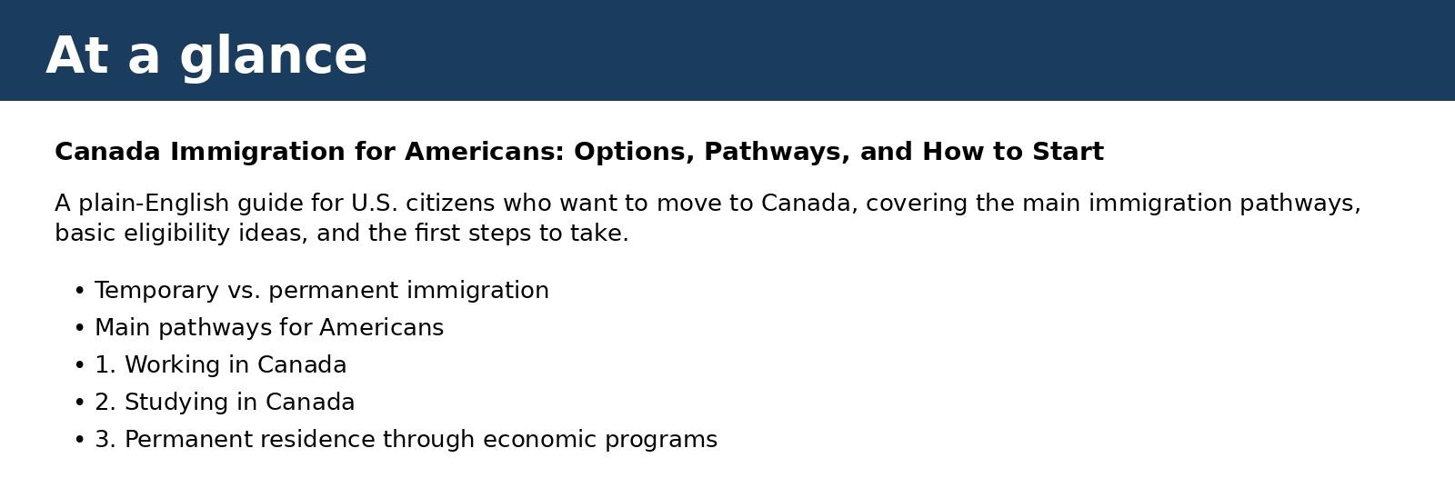 Summary card for Canada Immigration for Americans: Options, Pathways, and How to Start