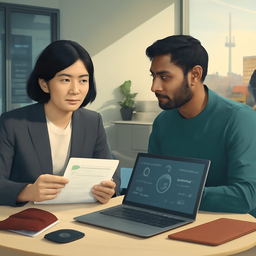 Illustration of a tech worker reviewing Canadian immigration job classification codes and paperwork