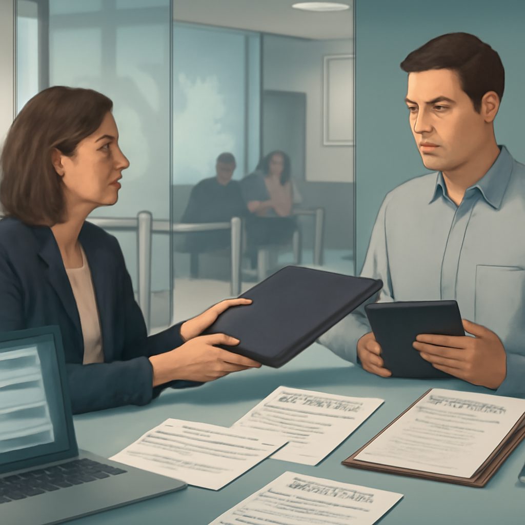 Illustration of a manager reviewing job duties against classification codes and eligibility criteria