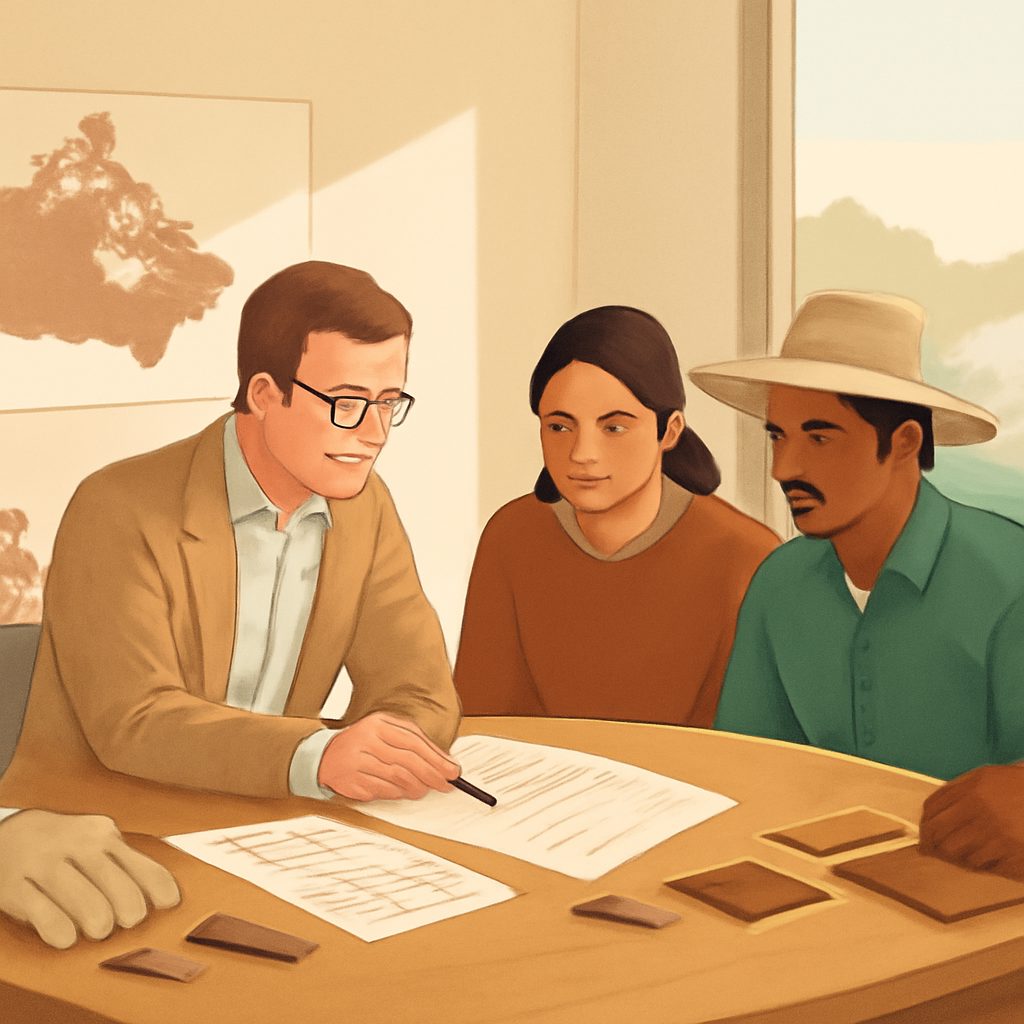 Canadian and Mexican officials selecting workers, with recruiter assisting a migrant worker