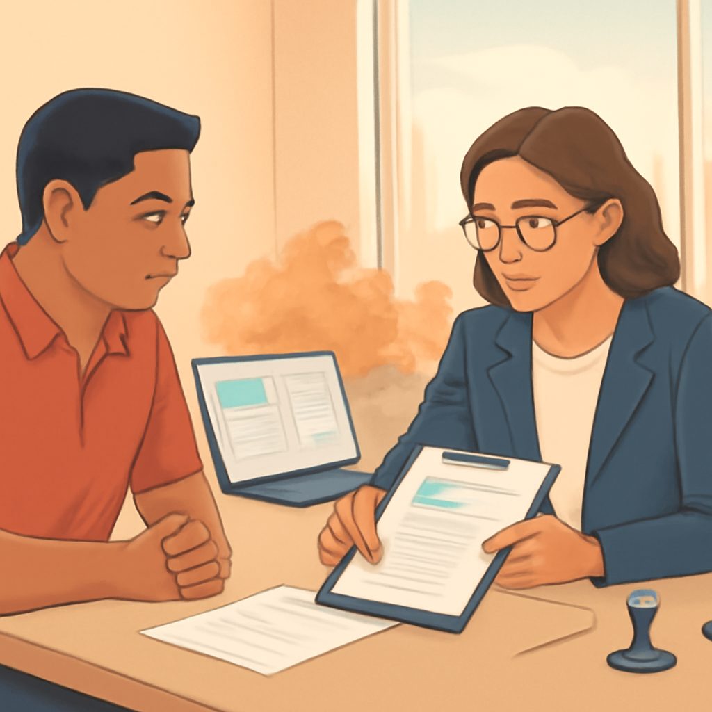 Philippine worker reviewing Canada job offer and deployment paperwork before departure