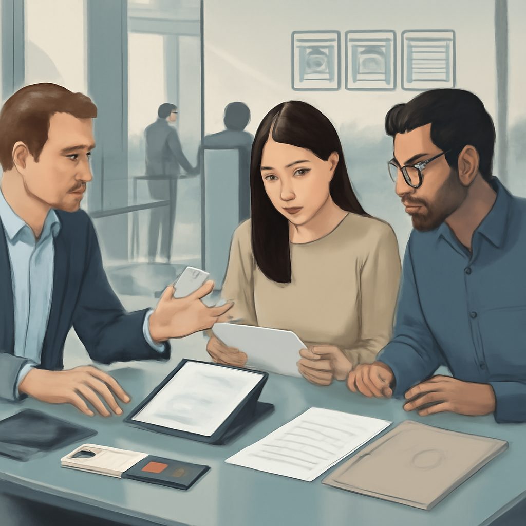 Newcomer at bank branch presenting identification during account opening onboarding process