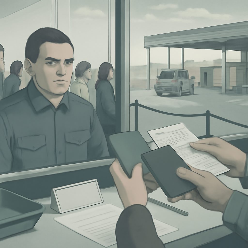 Traveler presenting passport and green card at a border crossing checkpoint