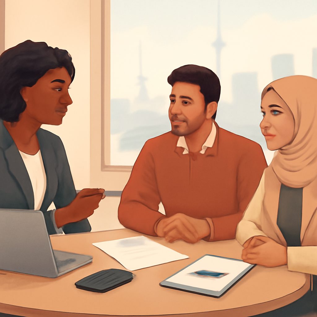 Newcomer reviewing auto loan documents with car, credit, and bank paperwork