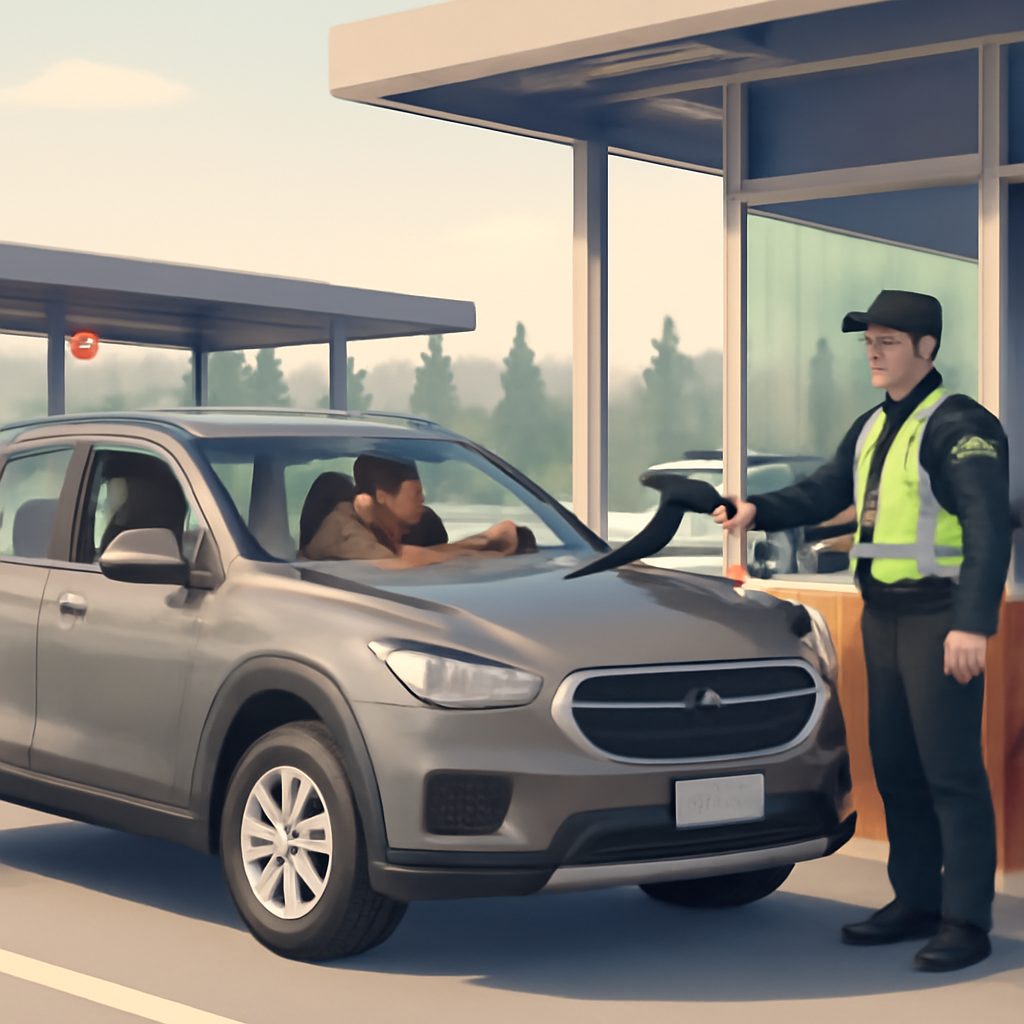 Border officer inspecting traveler documents and luggage at primary inspection checkpoint