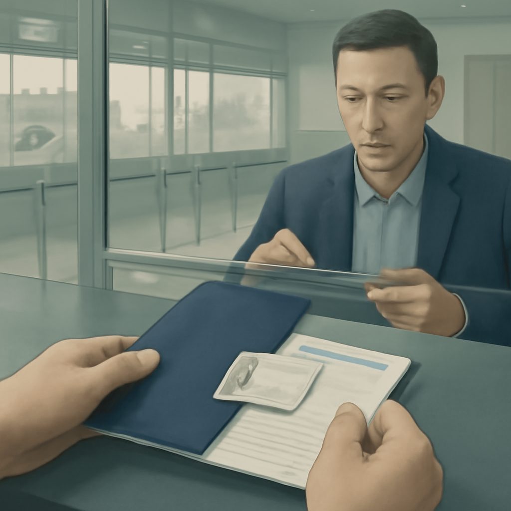Traveler holding passport and status papers ready for primary inspection at border checkpoint
