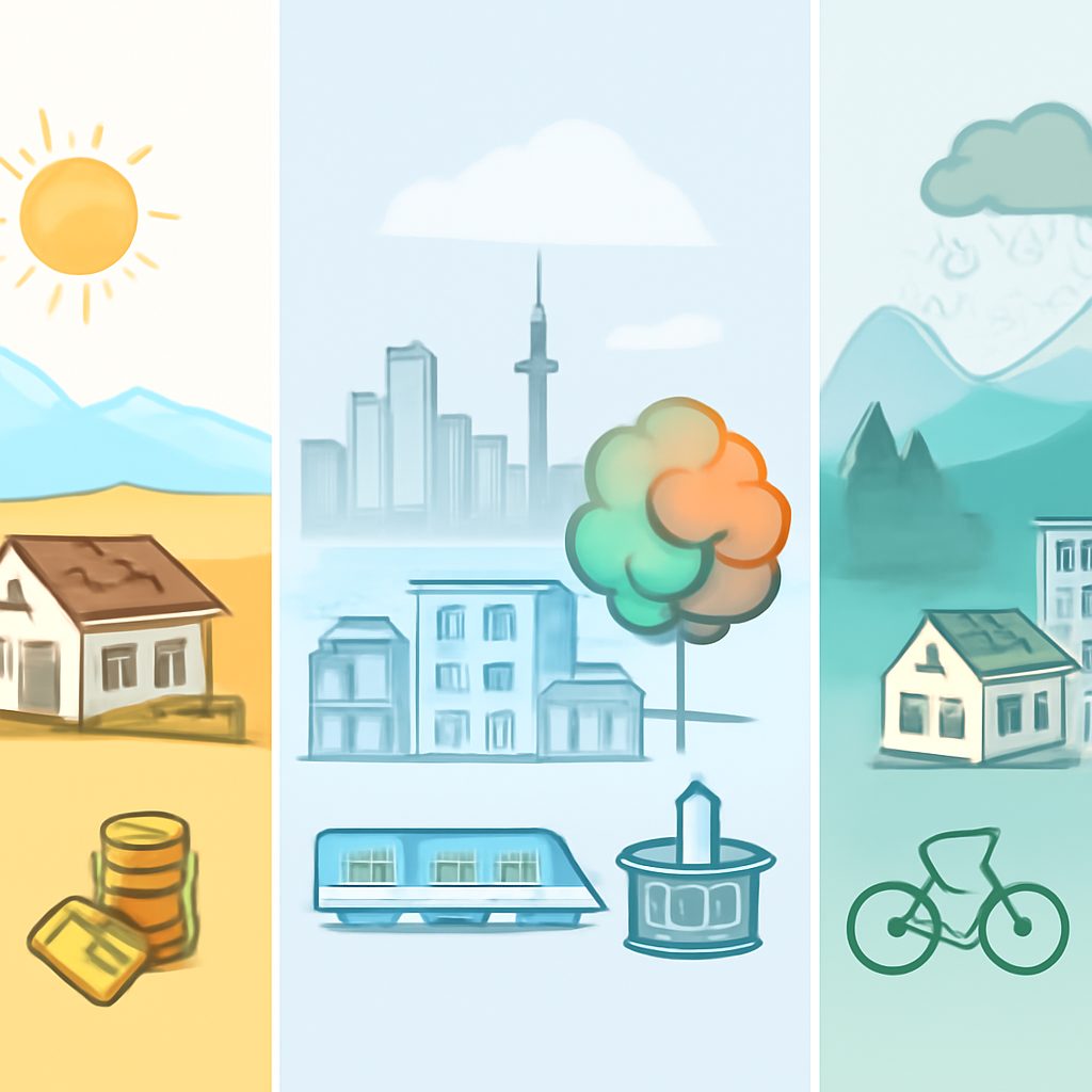 Apartment buildings and a city skyline representing costly housing in British Columbia