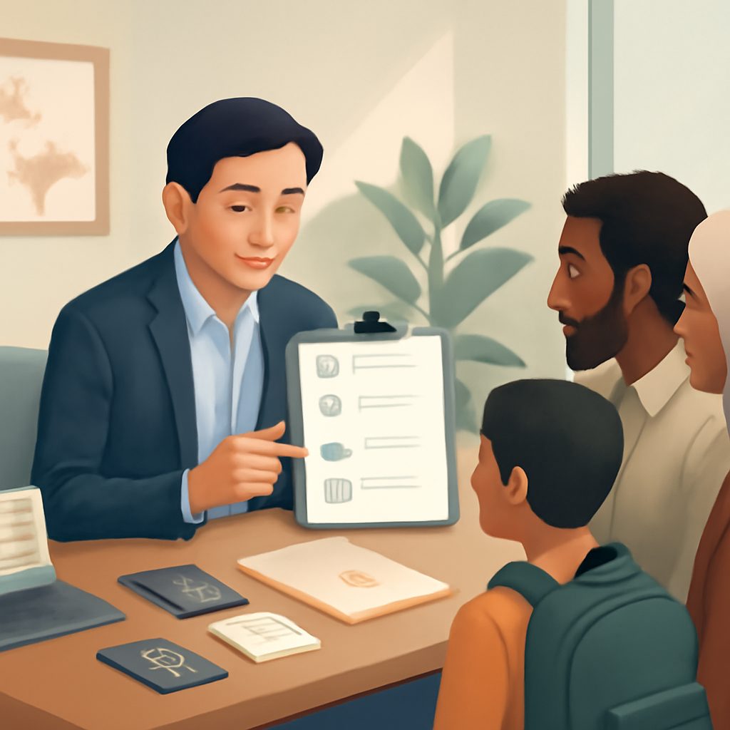 Parents enrolling a child at a school board office with application documents