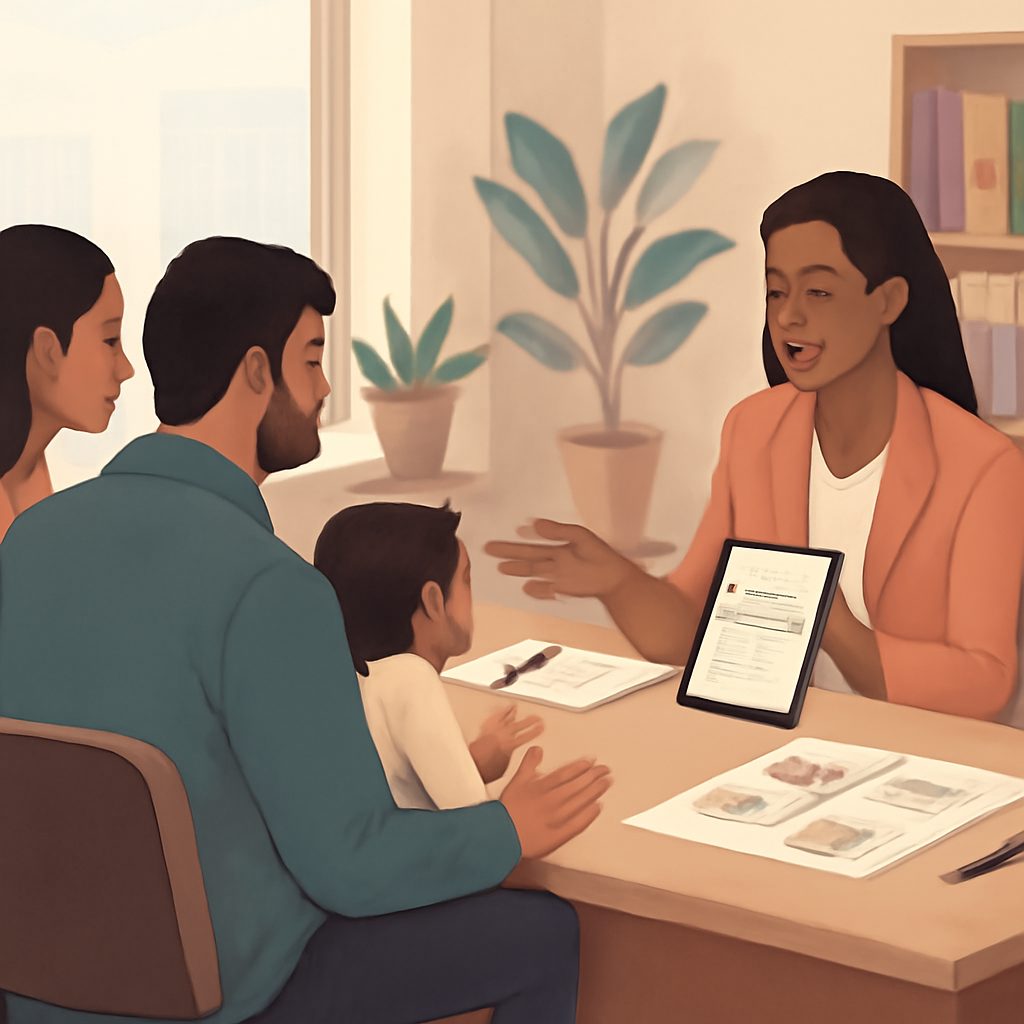 Family receiving child benefit payment with children, money icons, and Canadian symbols