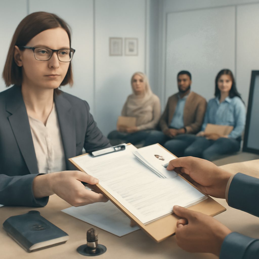 Refugee claim illustration showing a person and legal protection criteria icons