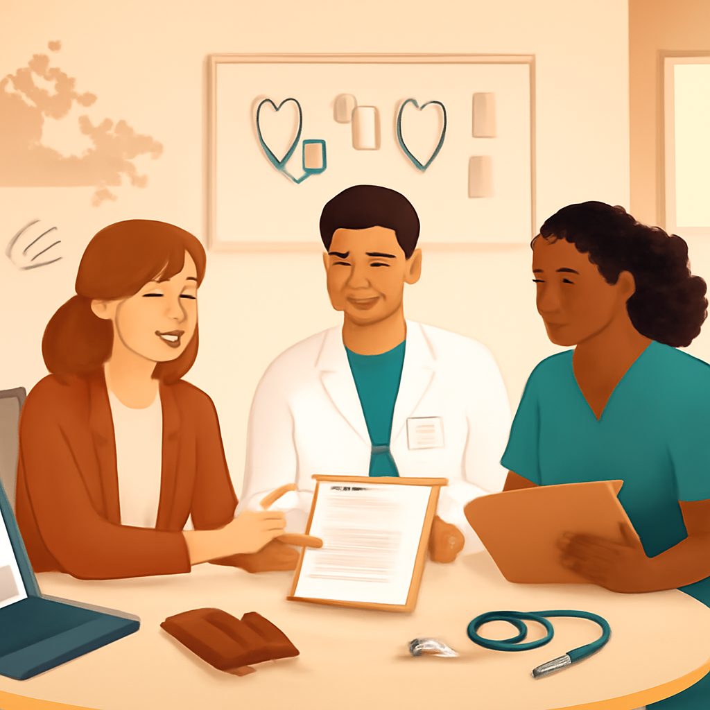 Illustration of a pharmacist in a healthcare setting beside an immigration invitation document