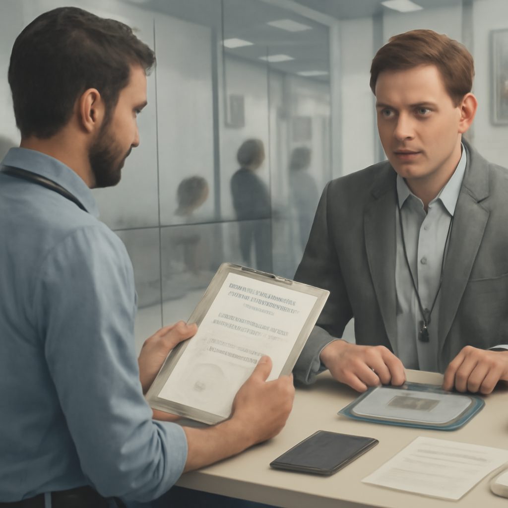 Medical doctor reviewing credentials beside licensing documents and Canadian immigration paperwork