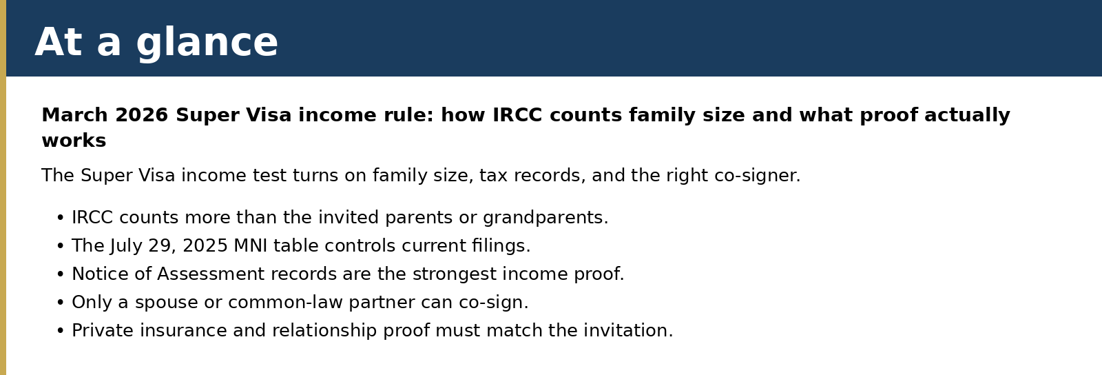 Summary card for March 2026 Super Visa income rule: how IRCC counts family size and what proof actually works