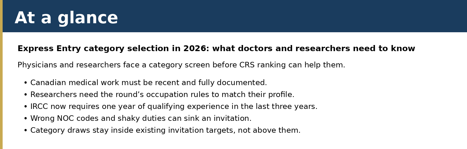 Summary card for Express Entry category selection in 2026: what doctors and researchers need to know