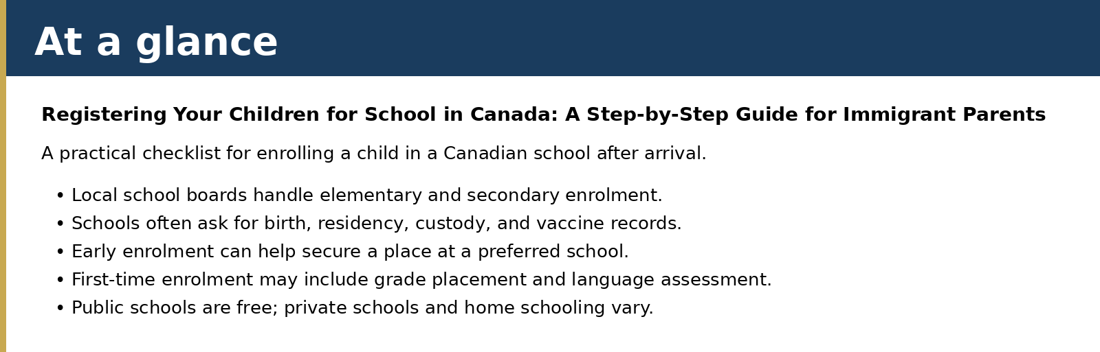 Summary card for Registering Your Children for School in Canada: A Step-by-Step Guide for Immigrant Parents