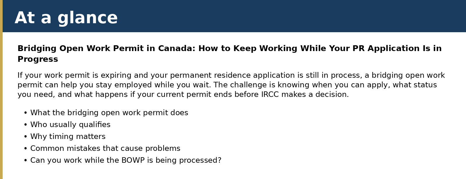 Summary card for Bridging Open Work Permit in Canada: How to Keep Working While Your PR Application Is in Progress