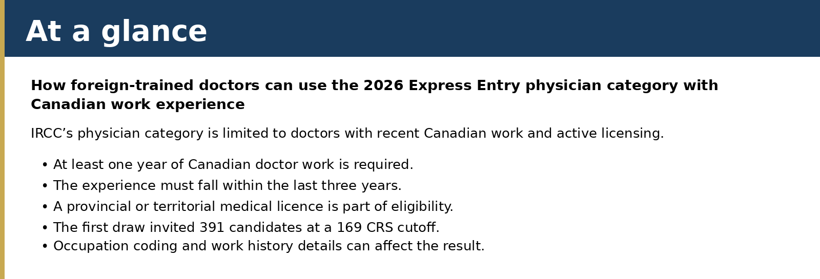 IRCC’s physician category is limited to doctors with recent Canadian work and active licensing.
