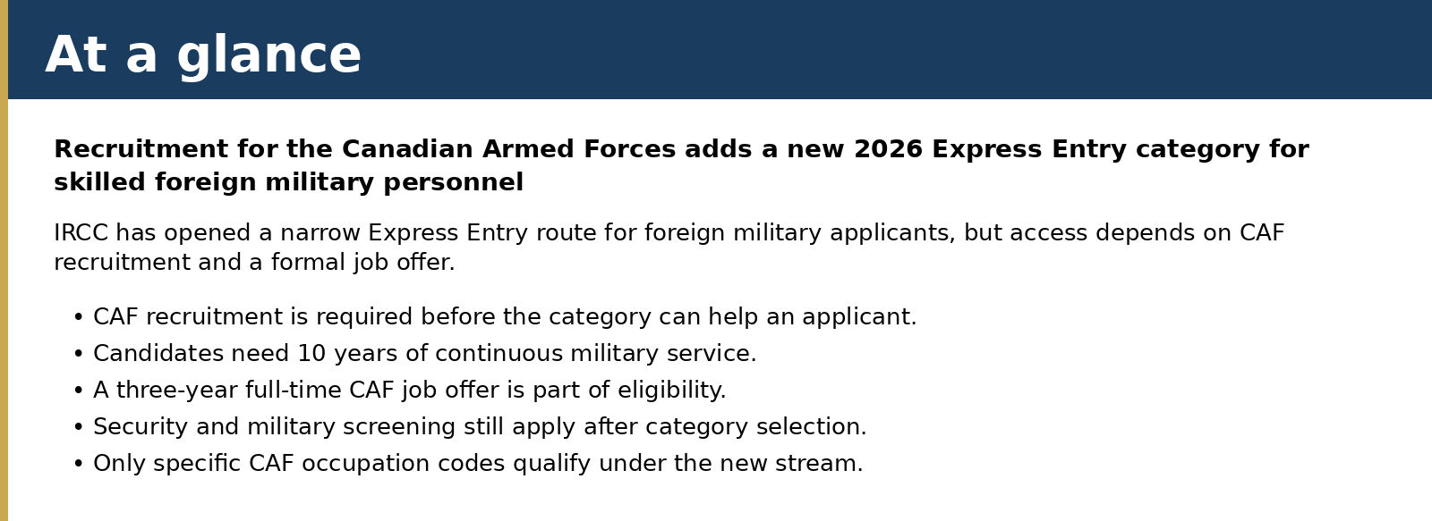 IRCC has opened a narrow Express Entry route for foreign military applicants, but access depends on CAF recruitment and a formal job offer.