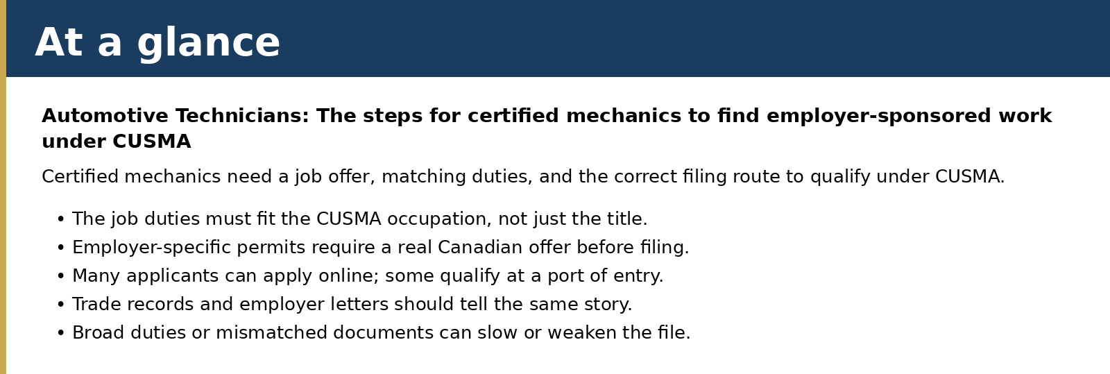 Certified mechanics need a job offer, matching duties, and the correct filing route to qualify under CUSMA.