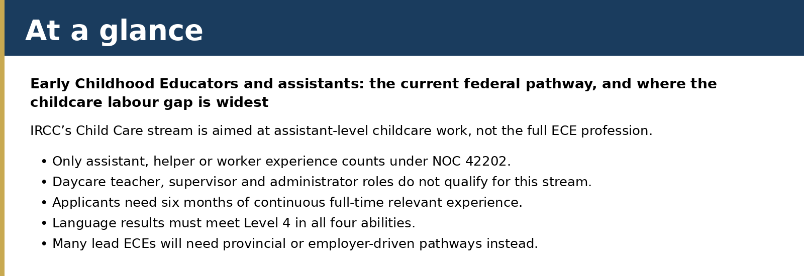IRCC’s Child Care stream is aimed at assistant-level childcare work, not the full ECE profession.