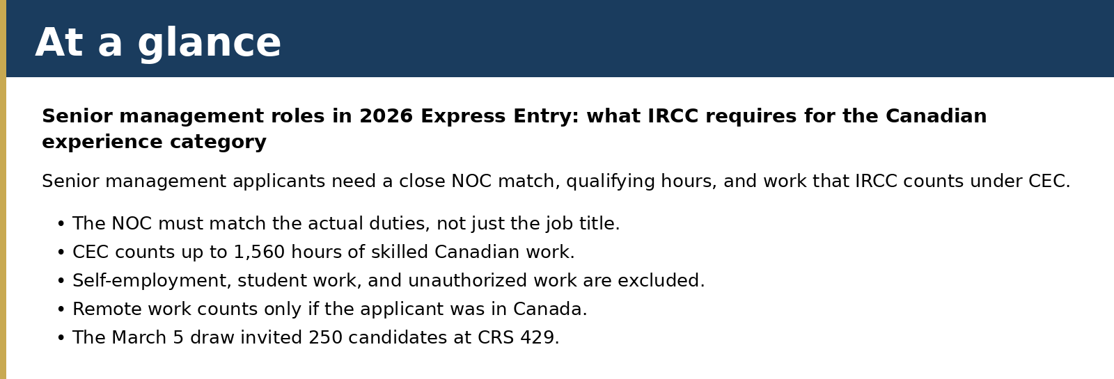Senior management applicants need a close NOC match, qualifying hours, and work that IRCC counts under CEC.