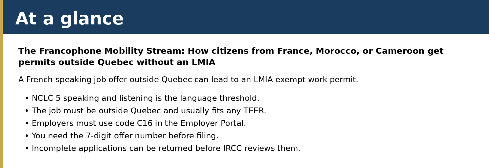 A French-speaking job offer outside Quebec can lead to an LMIA-exempt work permit.