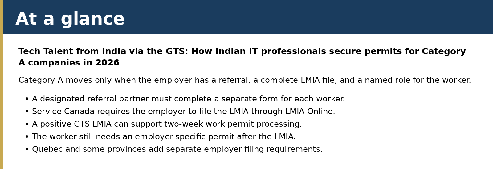 Category A moves only when the employer has a referral, a complete LMIA file, and a named role for the worker.