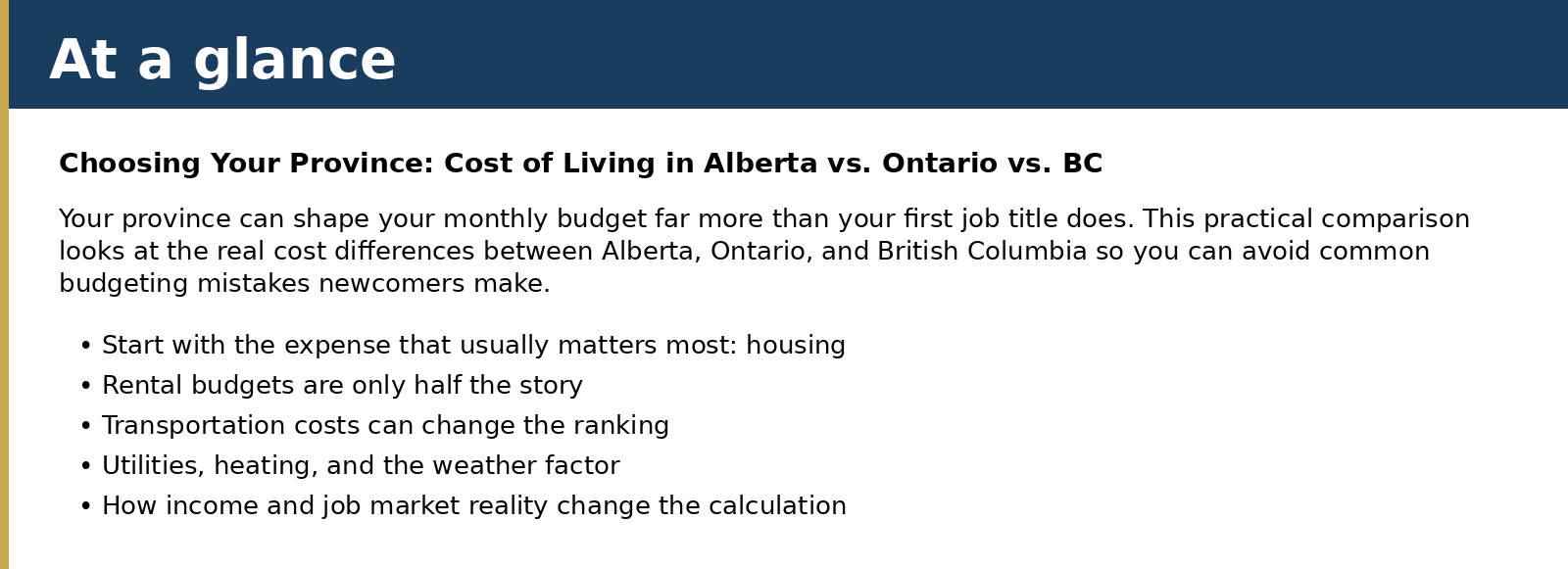 Summary card for Choosing Your Province: Cost of Living in Alberta vs. Ontario vs. BC