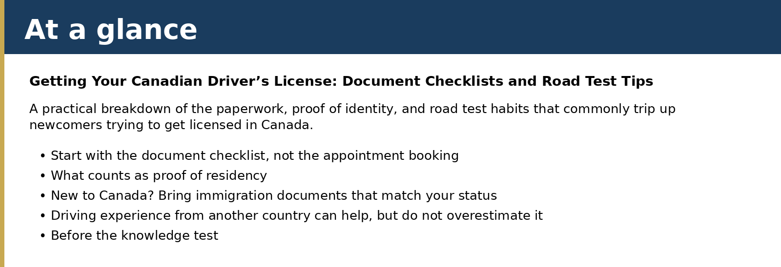 Summary card for Getting Your Canadian Driver’s License: Document Checklists and Road Test Tips