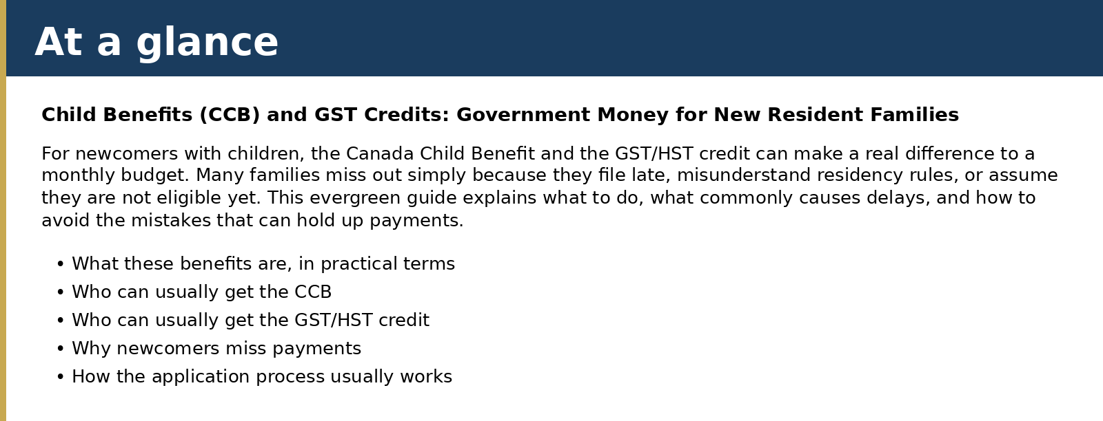 Summary card for Child Benefits (CCB) and GST Credits: Government Money for New Resident Families