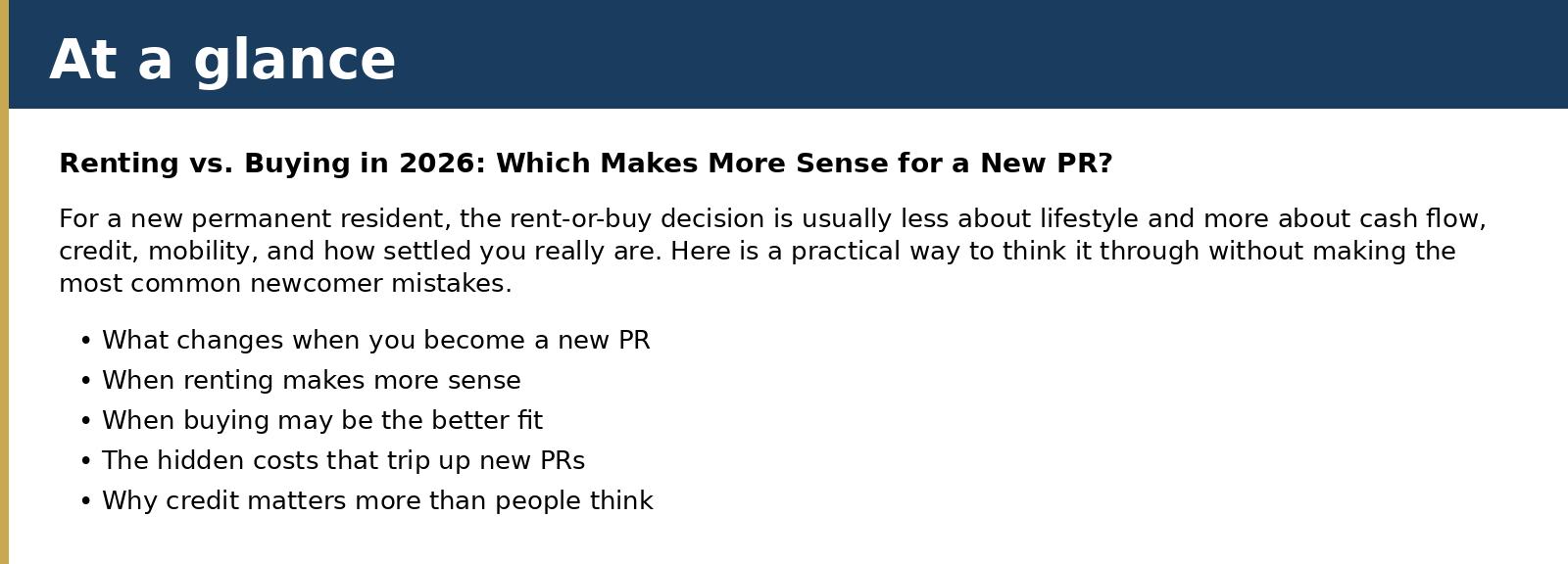 Summary card for Renting vs. Buying in 2026: Which Makes More Sense for a New PR?