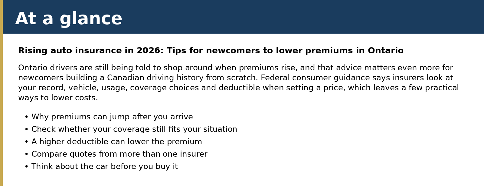 Summary card for Rising auto insurance in 2026: Tips for newcomers to lower premiums in Ontario