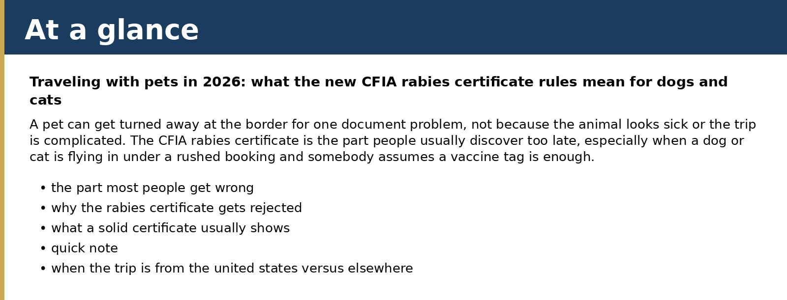 Summary card for Traveling with pets in 2026: what the new CFIA rabies certificate rules mean for dogs and cats