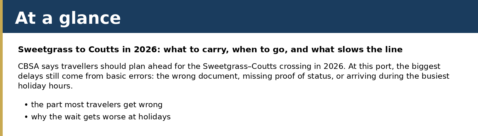 Summary card for Sweetgrass to Coutts in 2026: what to carry, when to go, and what slows the line