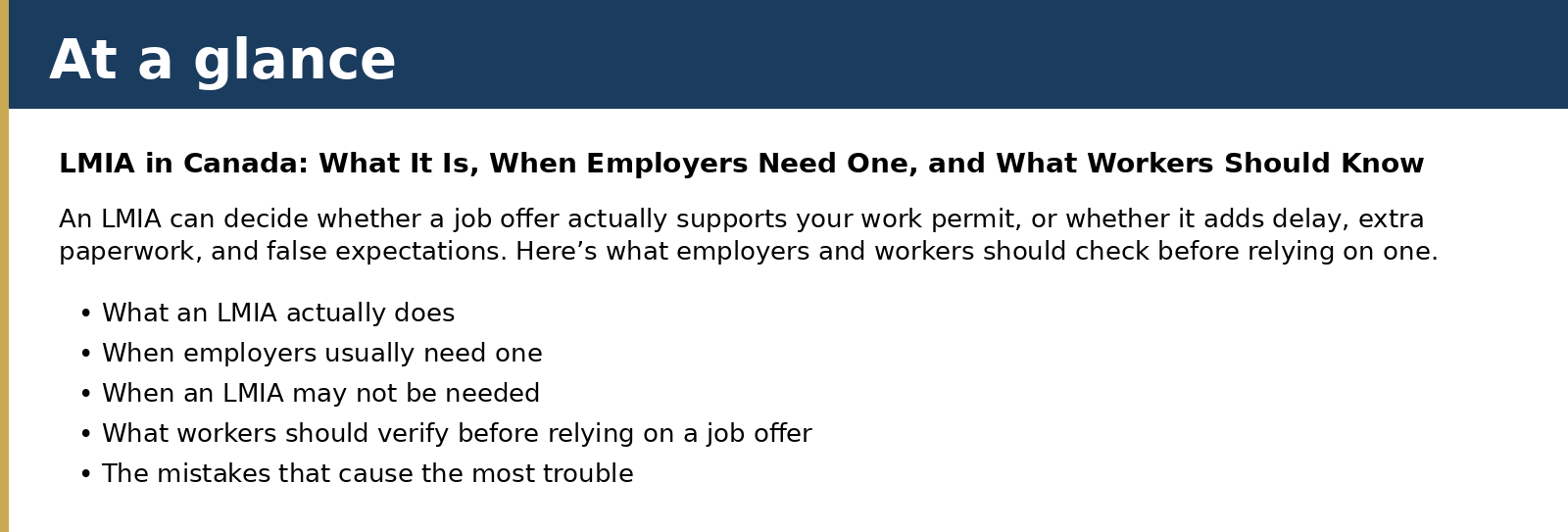 Summary card for LMIA in Canada: What It Is, When Employers Need One, and What Workers Should Know