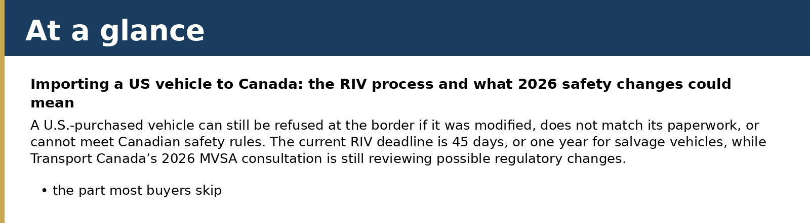 Summary card for Importing a US vehicle to Canada: the RIV process and what 2026 safety changes could mean