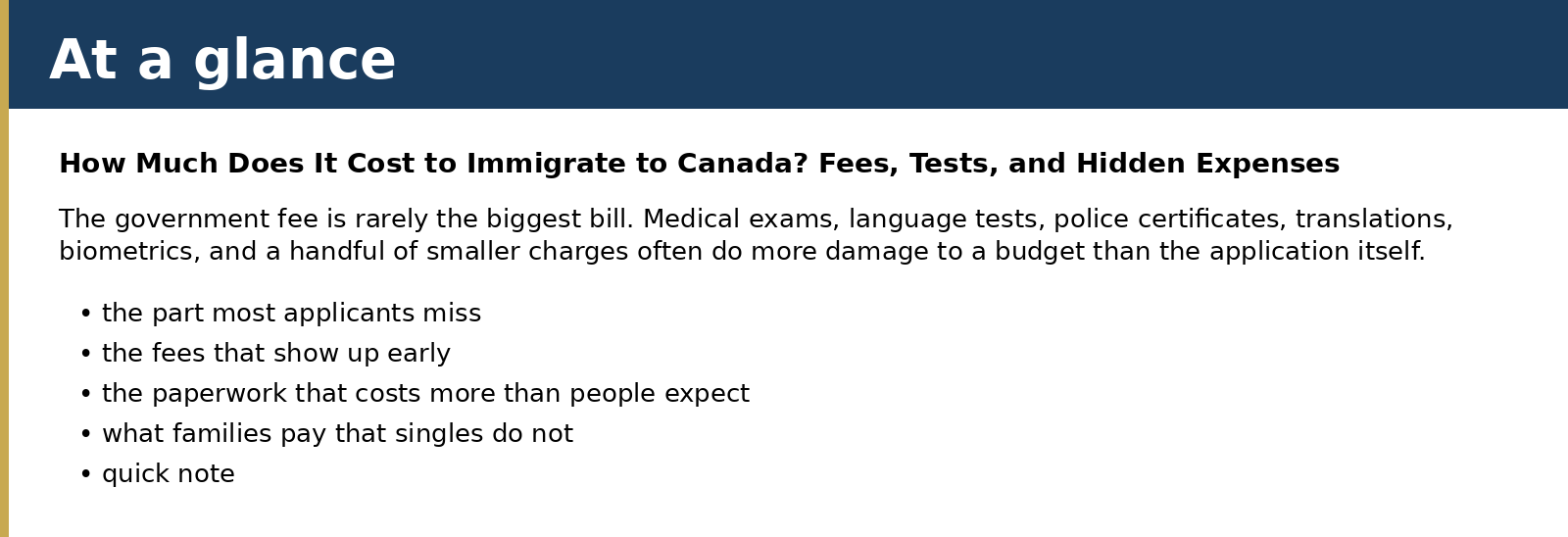 Summary card for How Much Does It Cost to Immigrate to Canada? Fees, Tests, and Hidden Expenses