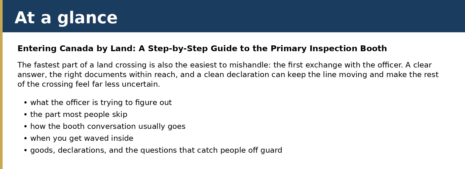 Summary card for Entering Canada by Land: A Step-by-Step Guide to the Primary Inspection Booth