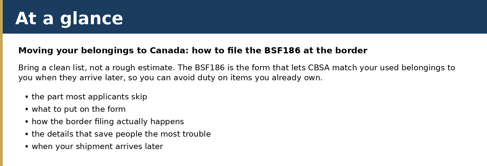 Summary card for Moving your belongings to Canada: how to file the BSF186 at the border