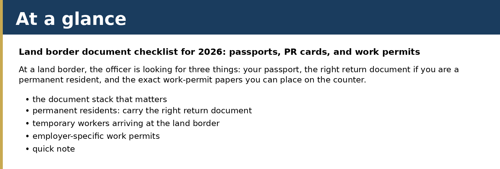Summary card for Land border document checklist for 2026: passports, PR cards, and work permits