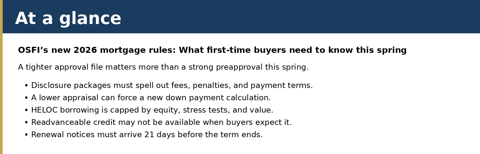 Summary card for OSFI’s new 2026 mortgage rules: What first-time buyers need to know this spring