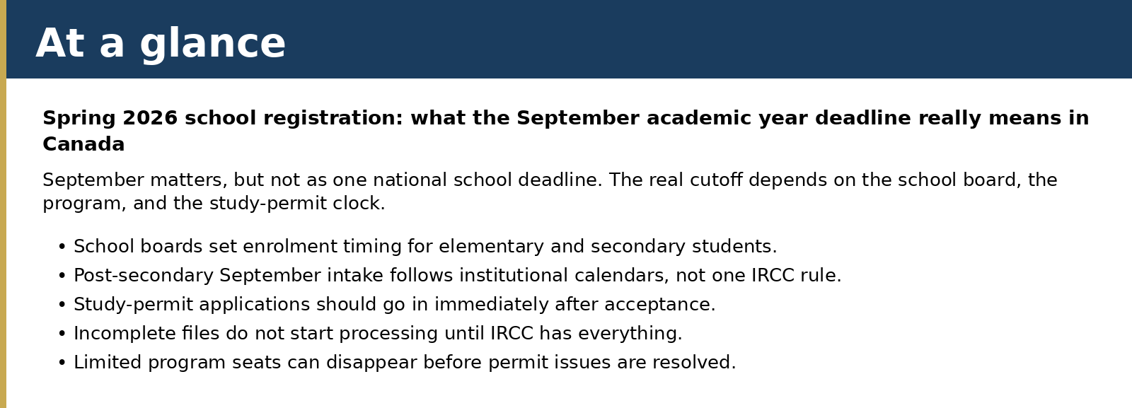 Summary card for Spring 2026 school registration: what the September academic year deadline really means in Canada