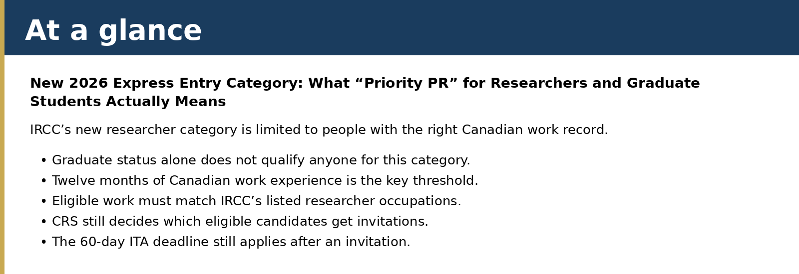 Summary card for New 2026 Express Entry Category: What “Priority PR” for Researchers and Graduate Students Actually Means